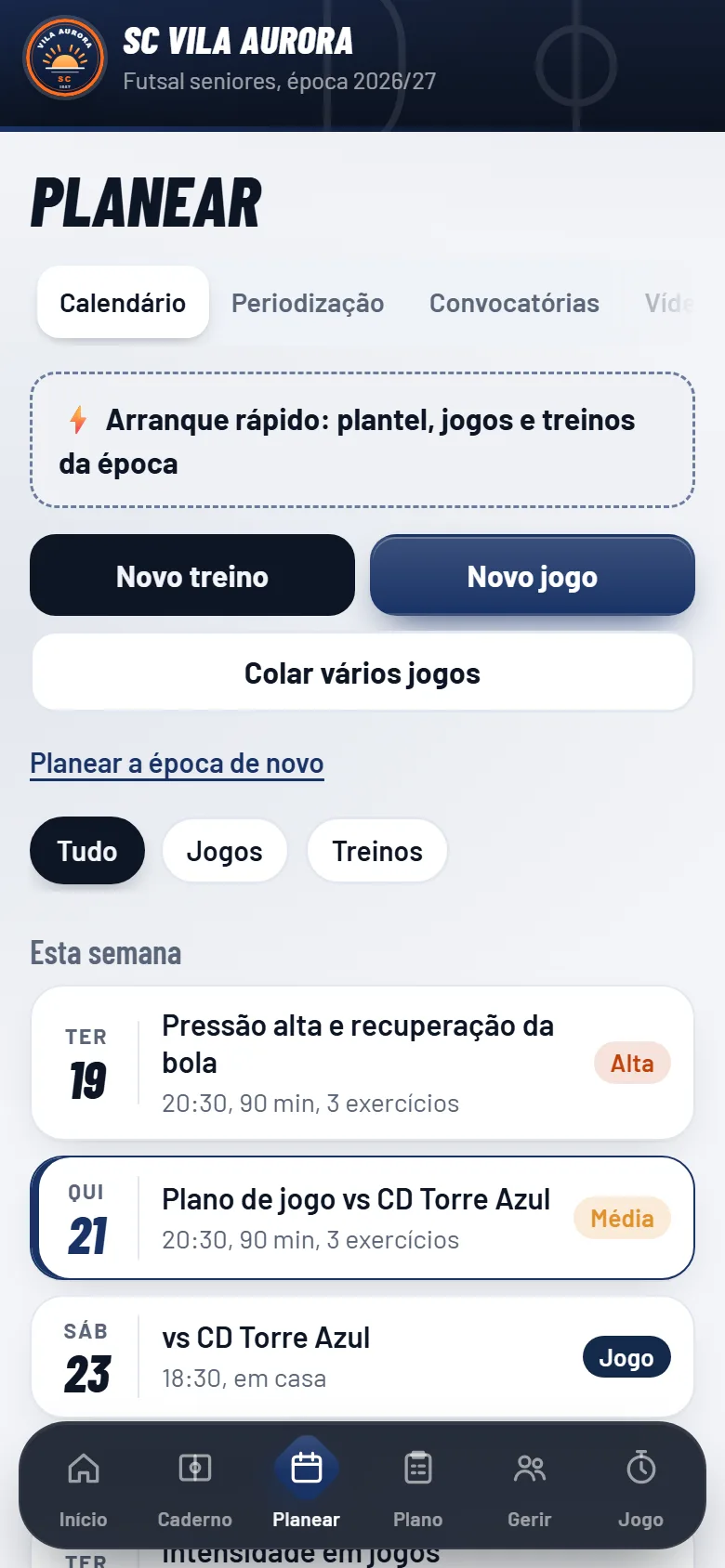 Calendário da época na app Losango
