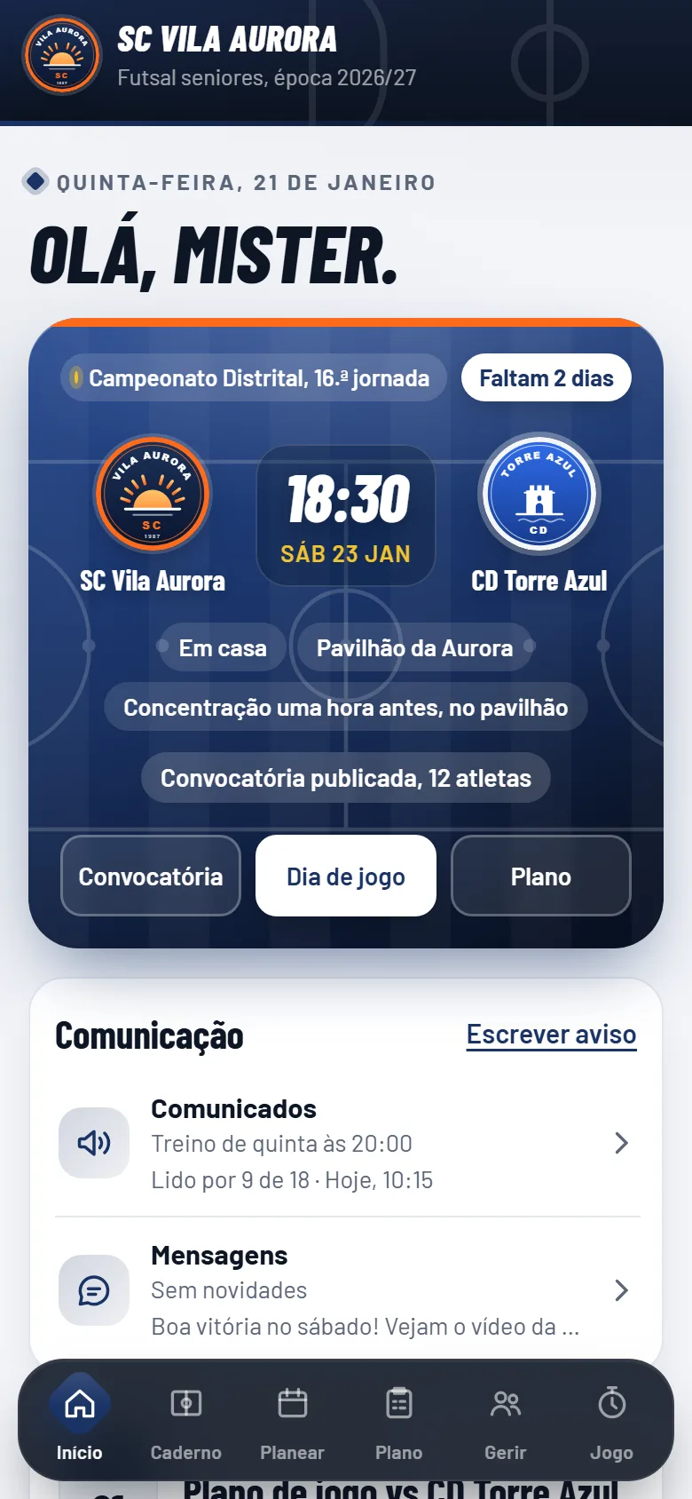 Ecrã inicial da app Losango com o próximo jogo