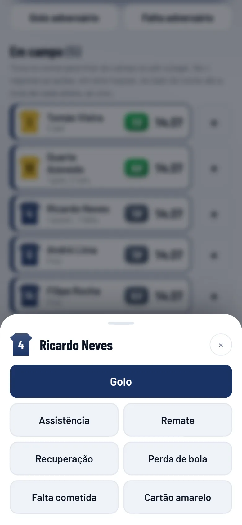 Painel das ações de um atleta durante o jogo