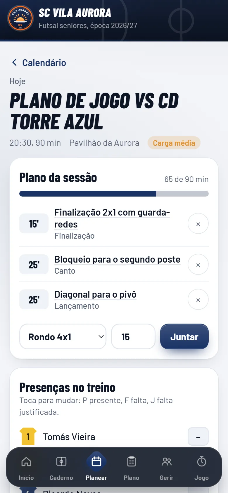 Unidade de treino na app, com os exercícios e os minutos de cada um
